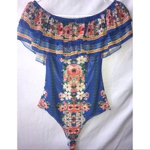 Off The Shoulder Body Suit Blue With Flower Design